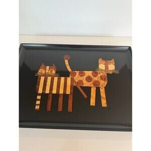 NEW Vtg 1960s COUROC Two Cat MCM Wood Brass Inlay Handcrafted Serving Tray JL